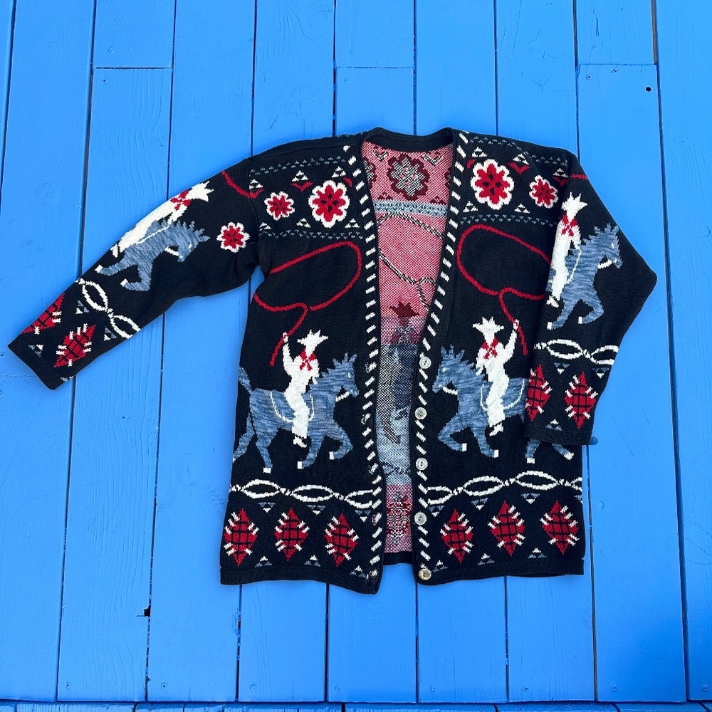 Vintage Delia Mccain Novelty Cowboy Cardigan Sweater 100% COTTON